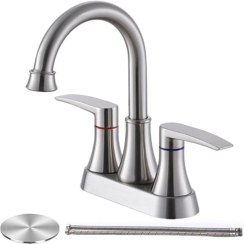 VALISY Brushed Nickel Bathroom Faucet, 2-Handle Lead-Free 360Â° Swivel High-Arc Spout 4 Inch Centerset Bath Lavatory Vanity Sink Faucets Set for Sinks with Drain & Water Hoses, VABM80008L - Image 1